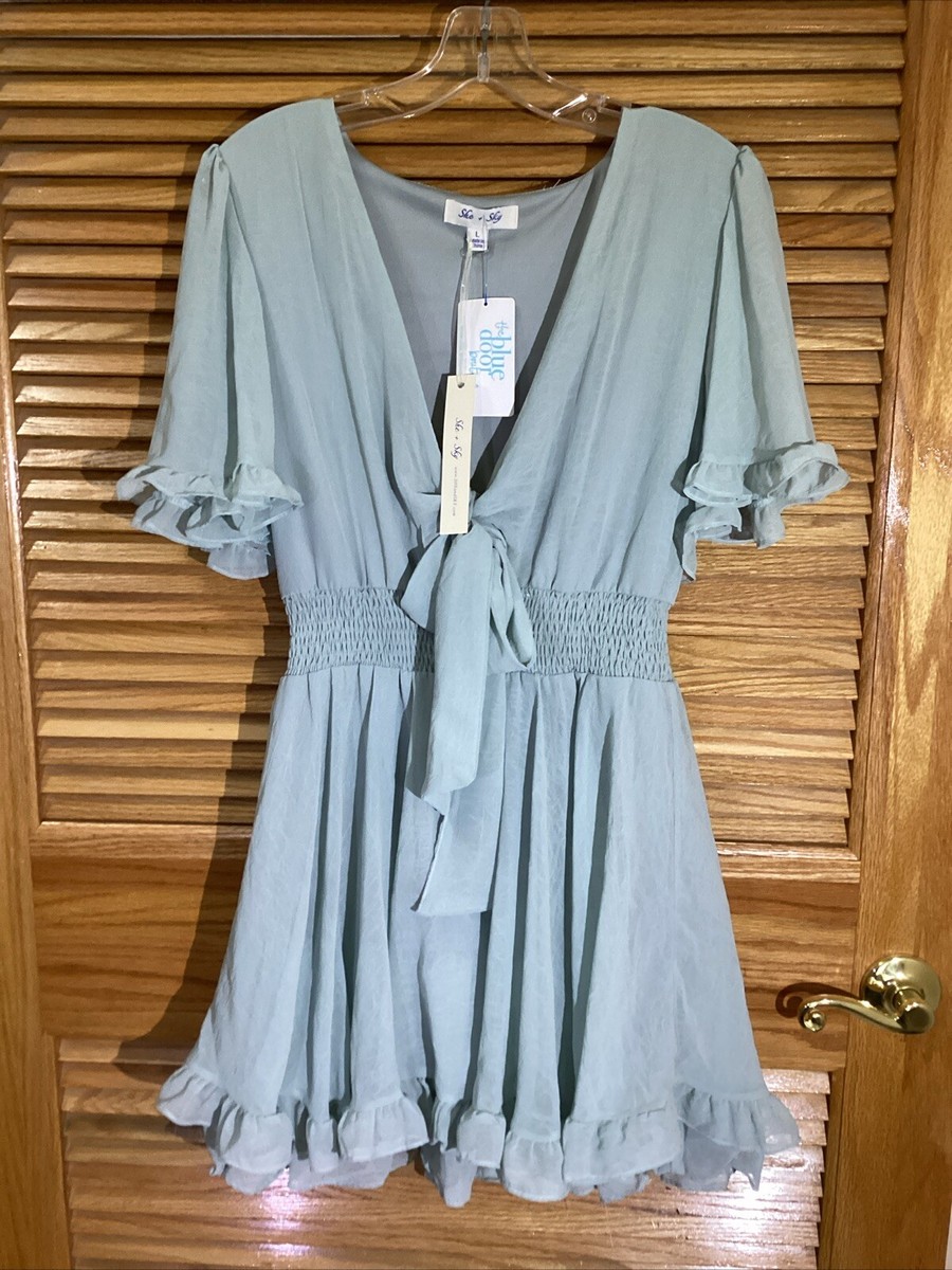 She + Sky Womens Size Large Seafoam Green Bow Front V-Neck Dress CW1-533