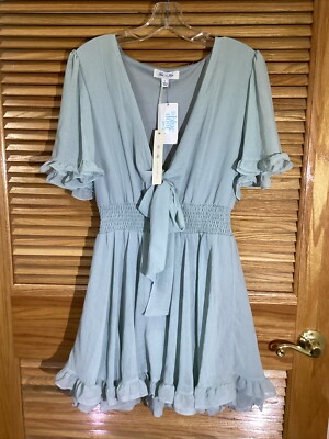 She + Sky Women's Size Large Seafoam Green Bow Front V-Neck Dress CW1-533 |  eBay