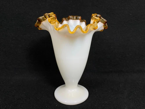 Vintage Fenton Milk Glass Footed Trumpet Vase 6.5" Amber Gold Crest Ruffled Edge
