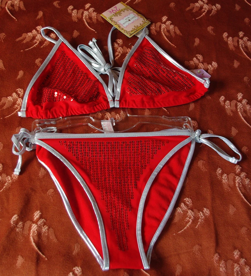 Soleil Sucré - maillot de bain 2 pièces rouge et argent avec sequins T L neuf - Photo 1/1