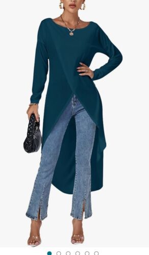 LYANER Women's High Low Long Sleeve Wrap Shirt Blouse Tunic Top Blue Sz M NEW