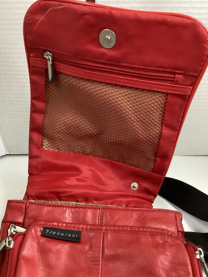 Travelon red leather cross body travel bag multiple pockets adjustable strap Med - Image 4 of 4