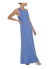 DKNY Womens Blue Cross Back Scuba Crepe Sleeveless Full-Length Gown Dress 2