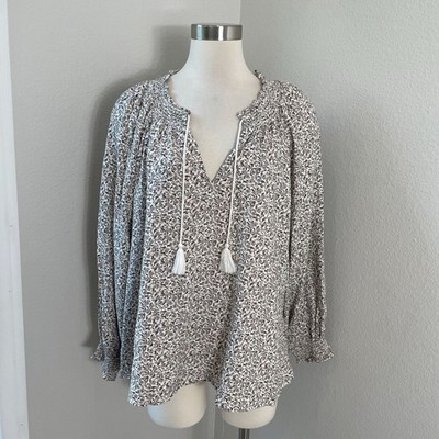 Old Navy Womens Plus XXL Floral Long Sleeve Peasant Blouse Tassel Tie Boho Shirt