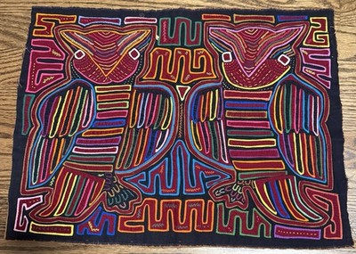 Vtg Kuna Guna Mola Reverse Appliqué Cultural Textile Fabric Folk Art Owls Panama