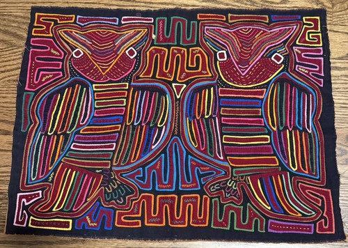 Kuna Guna Mola Reverse Appliqué Cultural Textile Fabric Folk Art 2 Owls Panama