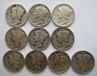1926 to 1944 Silver Mercury Dime set, 10 Different Circulated Dimes