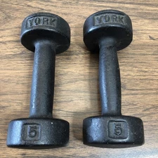 Vintage York Dumbbell Weights Pair 5lb. Cast Iron Round Flat Bottom USA Set Of 2