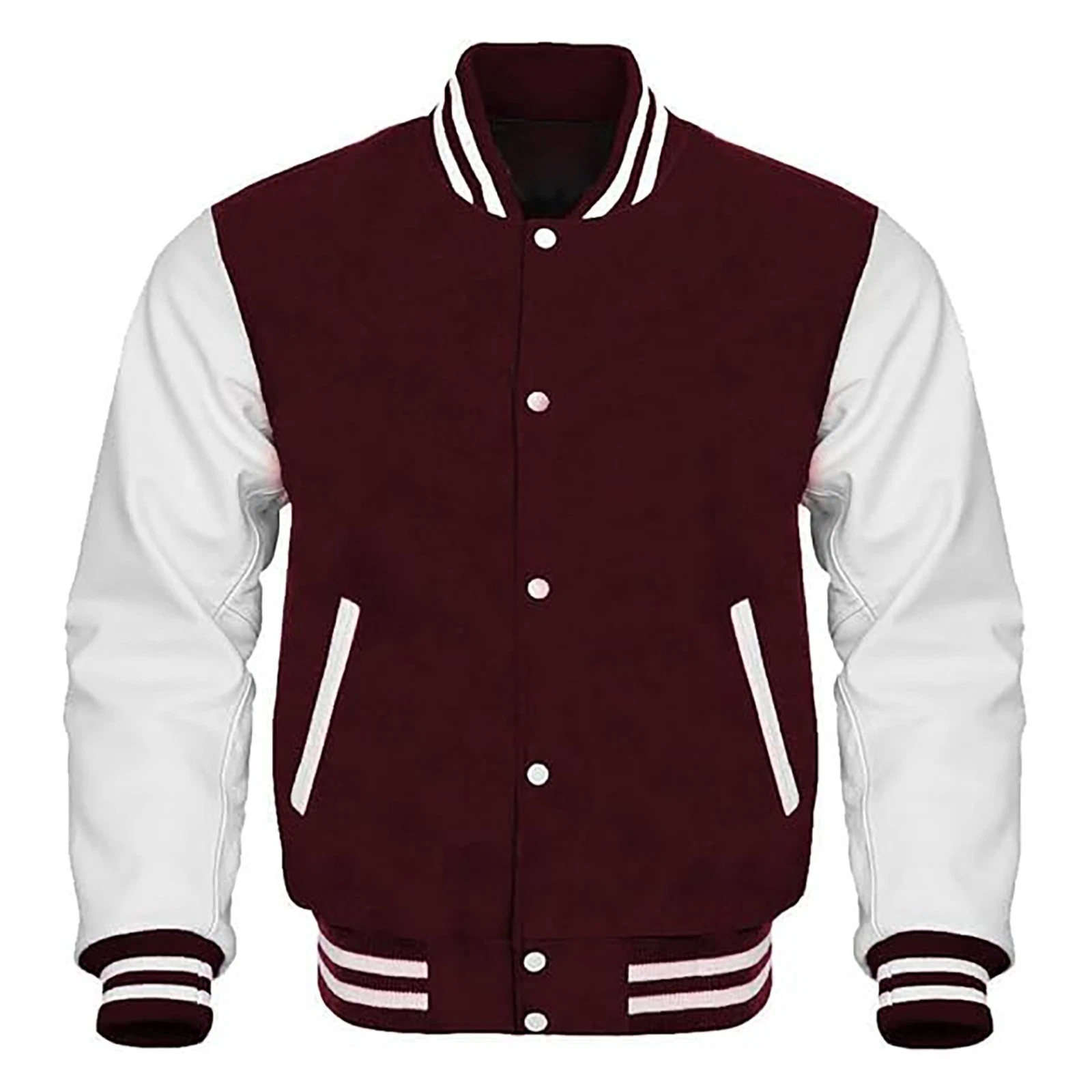 Luxury Letterman Bomber Jacket Maroon Wool & White Leather Sleeve Style