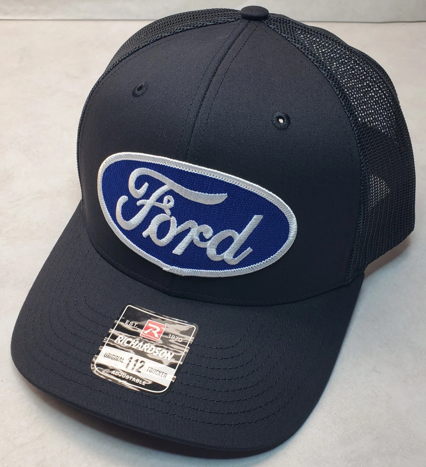 Ford Blue Emb. Patch on Richardson 112 Trucker Hat Snapback Black/Black