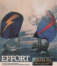 1985 Vintage Print Ad Hilton America's Business Address Effort Sail Boats Ocean