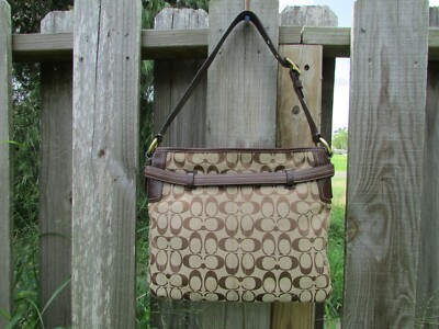 Coach Hamptons 12469 Signature Brown Leather Jacquard Khaki Hobo