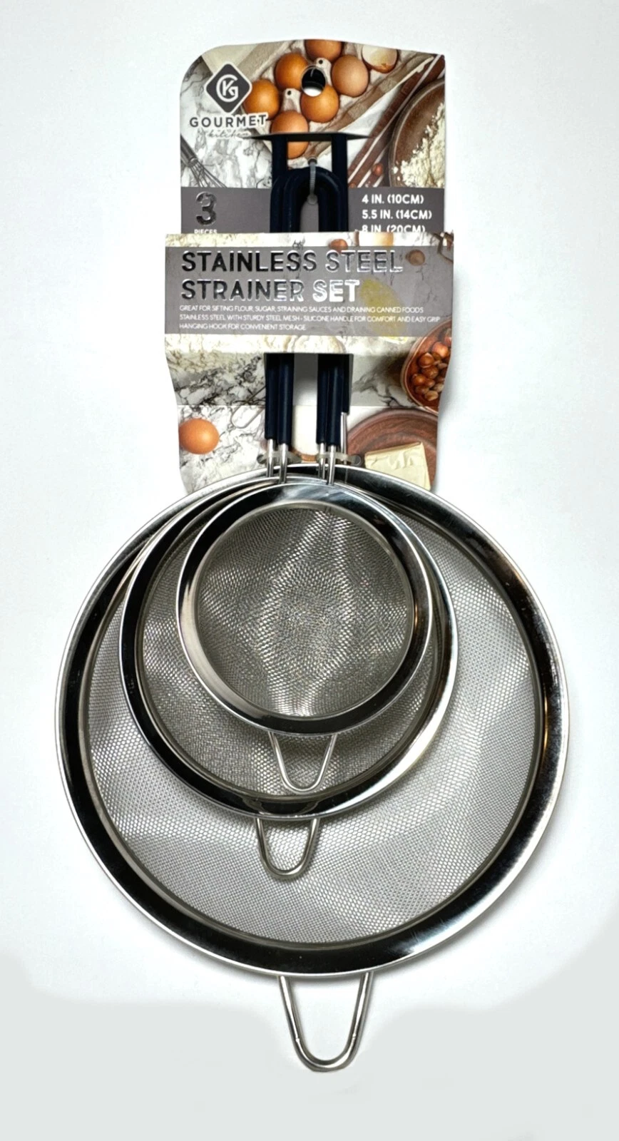 Gourmet Kitchen 3pc Stainless Steel Strainer Set Silicone Handle Hook to Hang