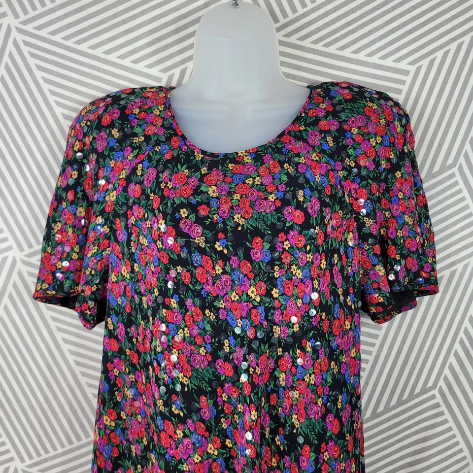 Vestido Camisa Vintage Años 90 Lentejuelas Talla Mediana Grande Floral Grunge Rosa Antiguo Rojo Rosa Foto 3 de 4
