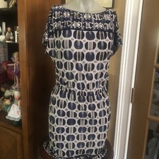 Donna Morgan Vintage Career Dress Size 2 / Geometric Print In Blues/ Gray.