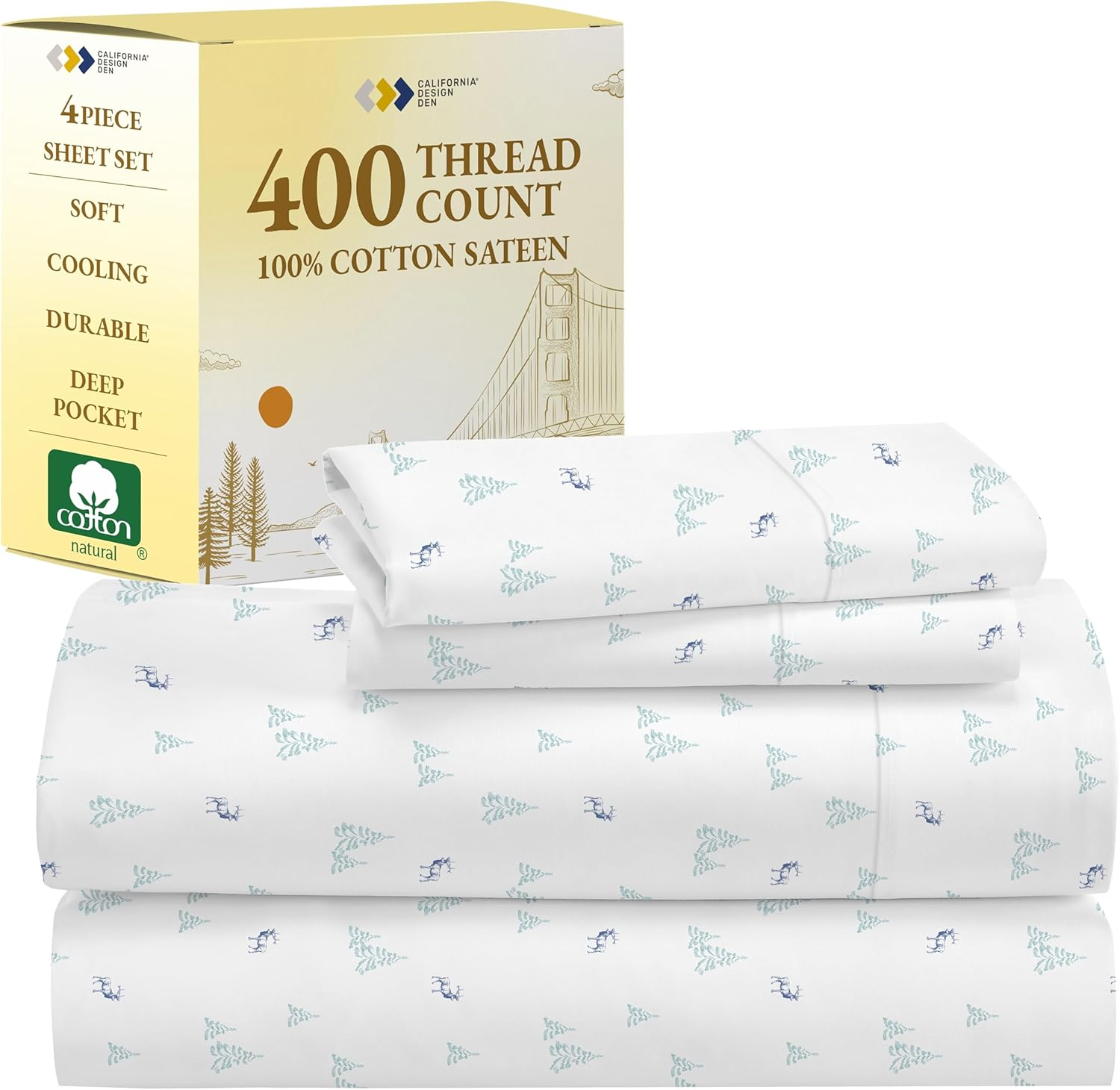 California Design Den Lodge Sheets King Size Printed Set - 400 Thread Count 100%
