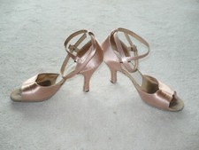 Coast latin dance shoes, size 7 1/2M, tan satin, 3" heel, open toe, ankle strap