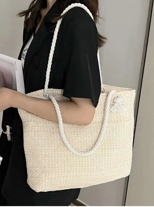 Womens Beige Minimalist Simple Large Capacity Straw Bag Beach Summer Holiday - Image 2 of 4