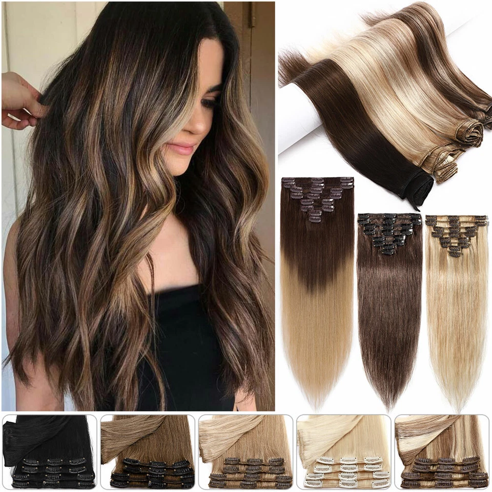 SEGO 8Pcs 100% Human Hair Extensions Clip In Real Remy Hair FULL HEAD Caramel UK