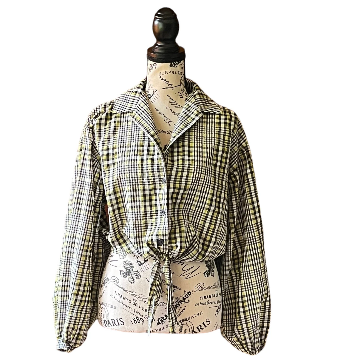 Topshop Blue Yellow Gingham Check Balloon Sleeve Tie Front Shirt Crop Top 6