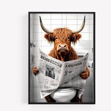 Funny bathroom highland cow on toilet Print Picture Poster Unframe A4 newspaper