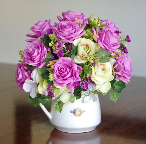 Vintage Three Crown Germany China with Silk Real Touch Lavender Rose Arrangement - Picture 5 of 10