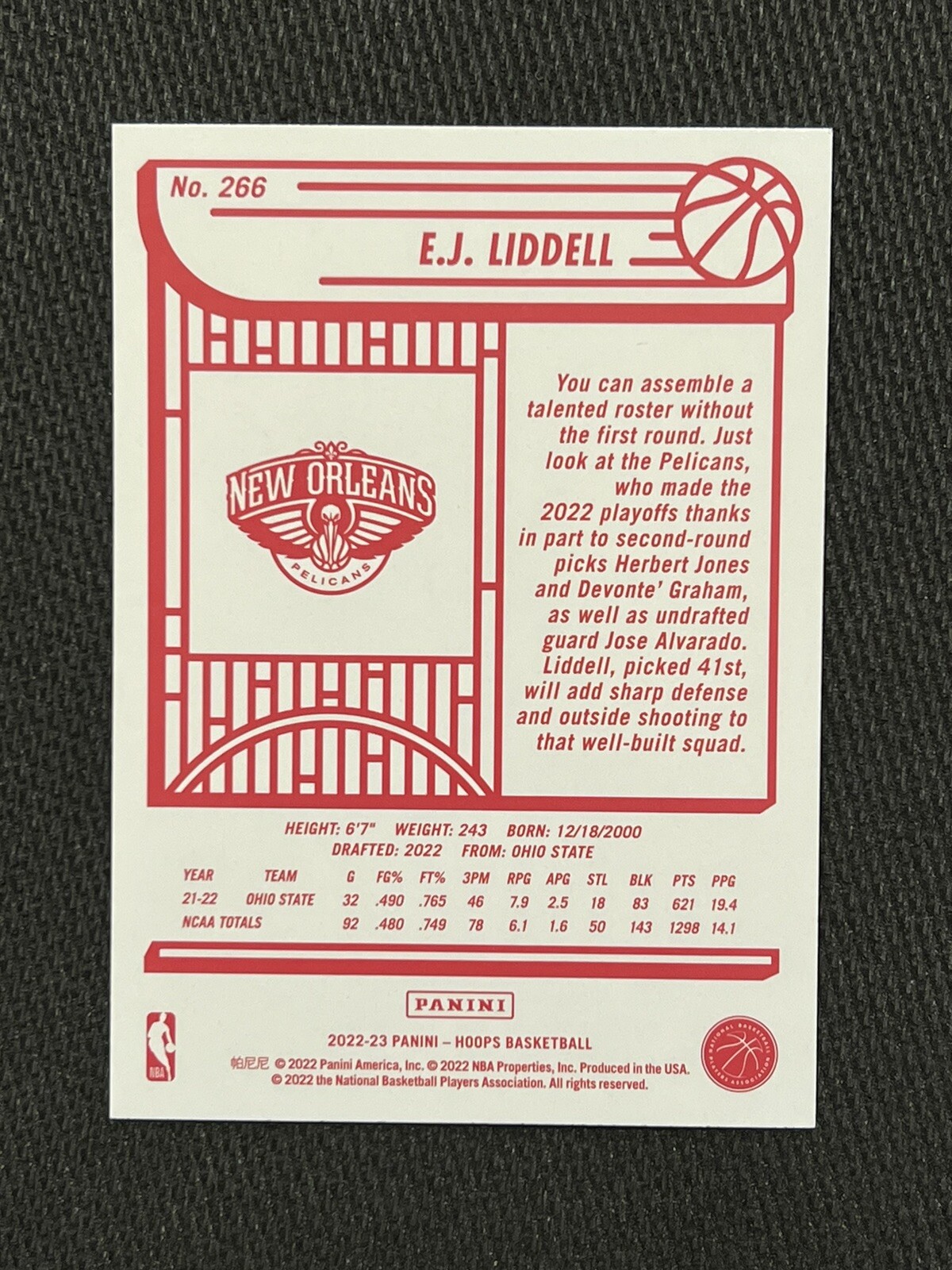 EJ Liddell 2022-23 Panini NBA Hoops RED BACK Rookie New Orleans Pelicans RC #266