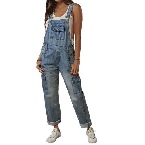 Jeans tuta vintage sciolta jumpsuit denim pantaloni tuta in denim con cinghie DE - Foto 7 di 9