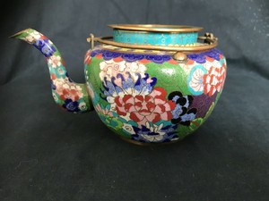 antique Chinese brass cloisonne teapot with flower Decoration