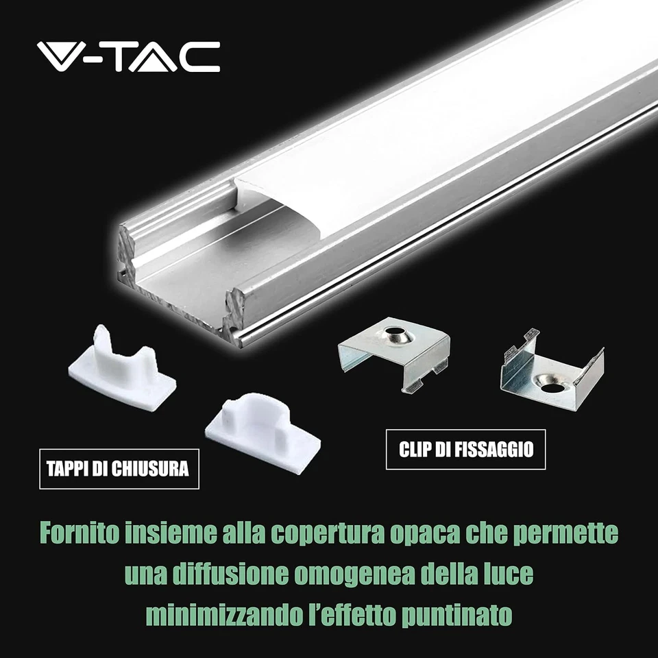 Profilo alluminio per led con diffusore 2mt kit da 5pz-10pz - Immagine 3 di 4