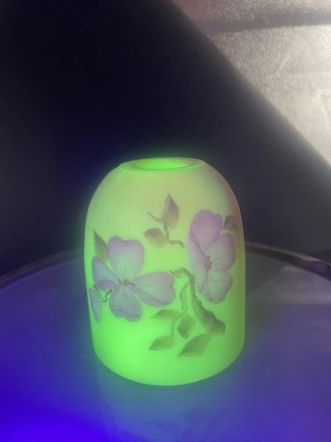 Vintage Fenton Burmese Uranium Glass Fairy Lamp Light Top Handpainted & Signed