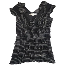 Studio M Womens Top Sz M Black White Striped Ruffled V-Neck Stretch Cap Sleeve