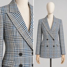 Womens Medium Blue Cream Plaid Double Breasted Blazer Tailored Jacket