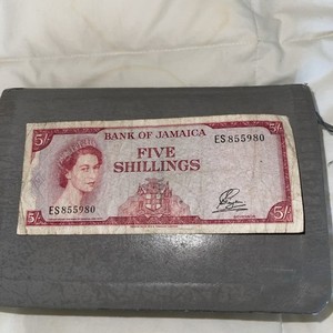 JAMAICA 5 SHILLINGS P-49 1960 QUEEN QE II RIVER PINEAPLE RARE CARIBBEAN BANKNOTE