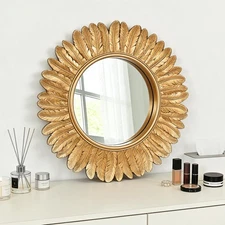 Gold Round Wall Mirror 12 inch, Small Sunflower Framed Decorative Mirror, Han...