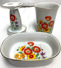 Vintage Porcelain Bathroom Vanity Set Colorful Floral Flowers Poppy Garden Soap