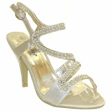 WOMENS SATIN DIAMANTE STRAPPY SLINGBACK BRIDAL WEDDING PARTY SANDALS SIZE F-8817