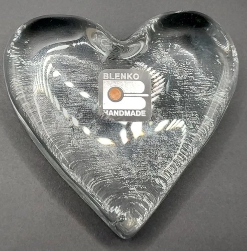 Blenko Handmade Clear Glass Heart Paperweight w/ Original Sticker