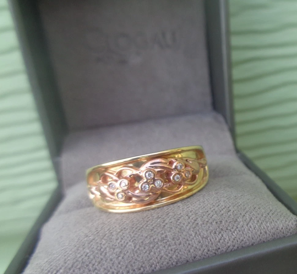 Clogau Anillo Oro Rosa y Oro Amarillo 9ct Con 9 Diamantes + Certificado Talla K