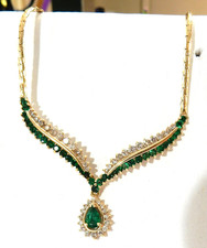 14K Gold Emerald Diamond Y Drop Stationary Pendant 19.5" Necklace 7x4.5 Emerald