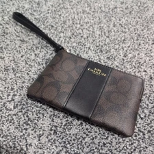 Coach WRISTLET corner Horse & Carriage Signature Stripe Jacquard Brown Leather