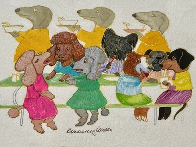 Rosemary Wells ~ Original SIGNED Illustration ~ Dogs Having a Picnic