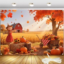 7x5FT Fall Backdrop, Autumn Harvest, Thanksgiving, Pumpkin, Hay, Maple Leaves
