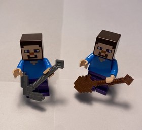 2 LEGO STEVE Minecraft Minifigures with Silver Pickaxe & Wooden Shovel Movie