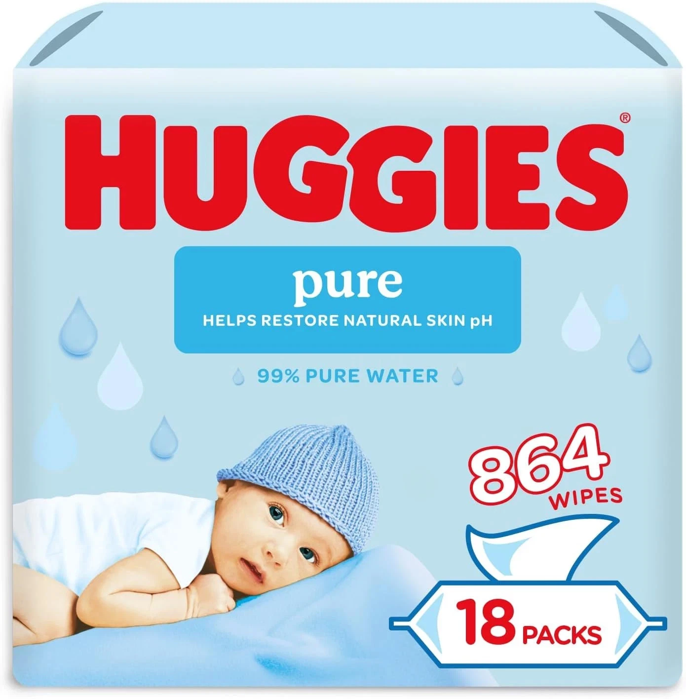 Huggies Pure Baby Wipes 48's - Pack of 18 (864 Wipes)