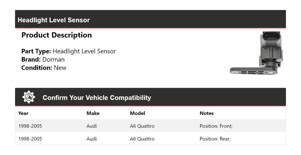 For 1998-2005 Audi A6 Quattro Dorman Headlight Level Sensor 1999 2000 2001 2002 - Image 2 of 4