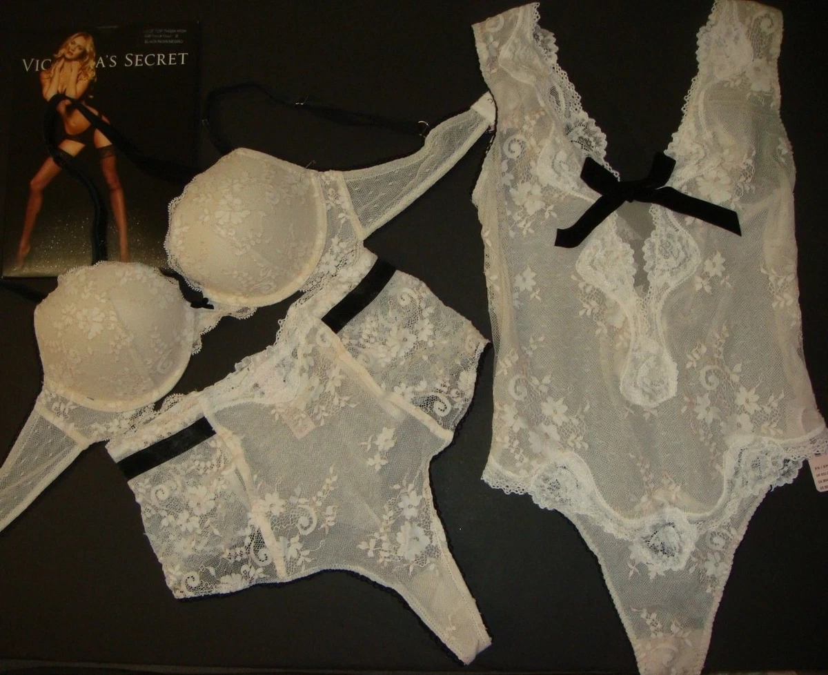 Victoria's Secret 34A BRA SET+XS TEDDY one-piece ivory WHITE black lace  VELVET