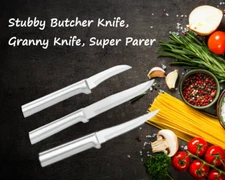 Rada 3 Pc Set Stubby Butcher, Granny Paring, & Super Parer Knife (Silver Handle)