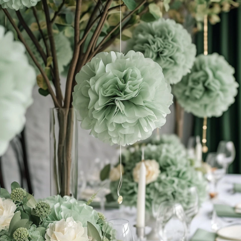 12 PIEZAS Pompones de papel de seda verde salvia - Baby Shower, decoración de bodas y fiestas Foto 3 de 4