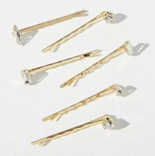 Anthropologie Set of 6 Gold Tone Crystal Hair Bobby Pins Set 67627034